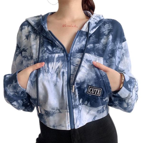 

женщины мода tie-краситель печати толстовки короткие кофты с длинным рукавом на молнии карман sport casual с капюшоном куртки верхняя одежда, Black;red