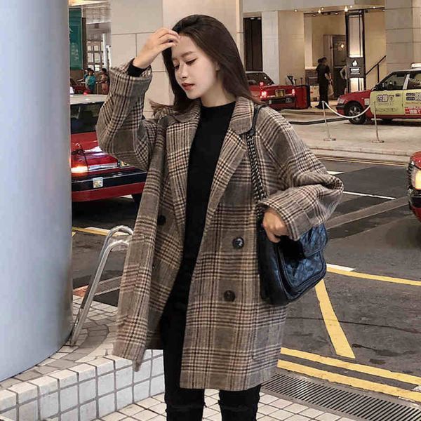 

women's plaid woolen coat 2020 autumn winter turn-down collar button large size overcoat warm long sleeve outwear female jackets, Tan;black