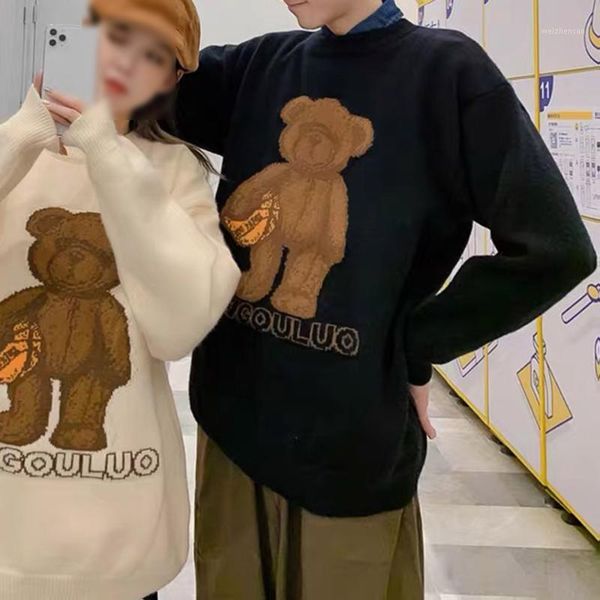 

korean version pullover loose all-match autumn and winter street fashion bear round neck men's sweater1, White;black