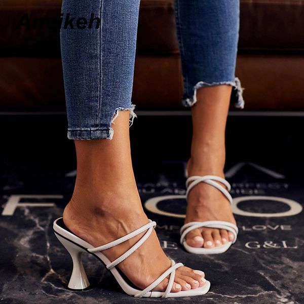 

aneikeh new pu gladiator slippers shoes woman heeled square head flip flops peep toe slip-on thin high heels fashion party pumps x1020, Black