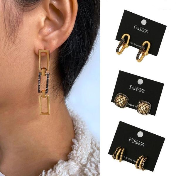 

vintage ancient gold stud earrings for women lock geometric design cooper zircon earrings jewelry accessories1, Golden;silver