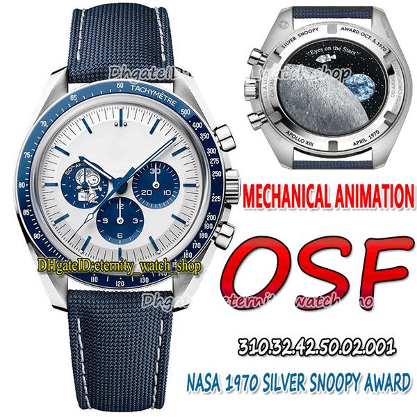 2022 OSF Moonwatch Silver Snoop Award Mens Watch Manual Winding Chronograp White Dial 50th Anniversary (Real Mechanical Animation) Blue Nylon Strap Eternity Watches