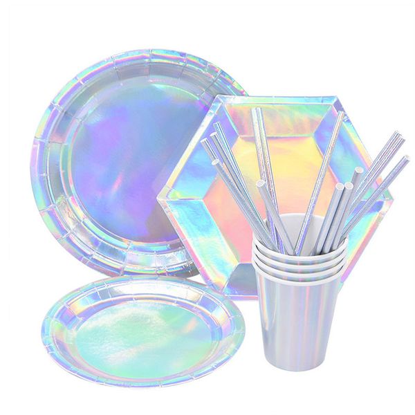 

laser disposable sets silver cups paper plates straw tableware wedding decor birthday party supplies