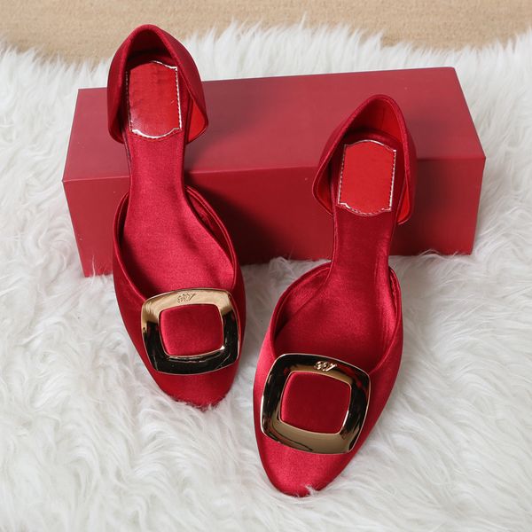 

2021 new spring and summer korean version of silk satin square flat gold buckle women's shoes s22w, Black