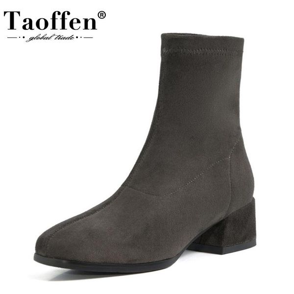 

taoffen women ankle boots stretch flats shoes slip on flock square toe winter boots women fashion party footwear size 34-40, Black