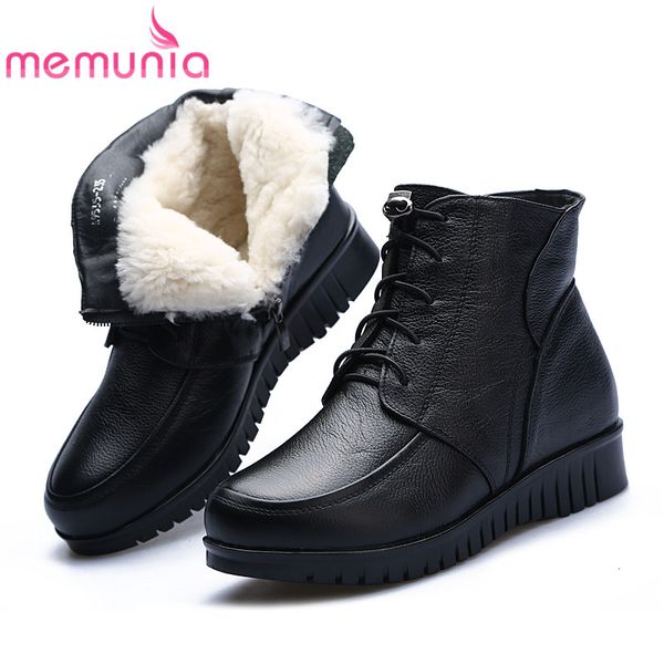 

memunia 2020 women ankle boots genuine leather snow boots round toe lace up comfortable flat shoes woman, Black