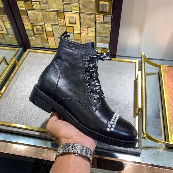 

designer womens boots luxury black pearl decoration letter shoelace round head low heel boots with box size 35-40