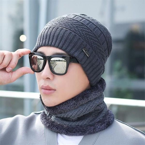 

hats, scarves & gloves sets men winter warm hat set for women cable knitted beanie and ring scarf 2 pcs 2021 male soft stretch cap, Blue;gray
