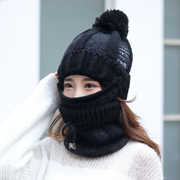 

winter beanie women scarf set acrylic knitting solid hat thick warm soft breathable face cap outdoor collar bib earflap beret, Blue;gray