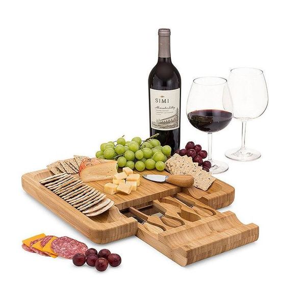 

bamboo cheese board set with cutlery in slide-out drawer including 4 stainless steel knife and ser jlldzl jjxh