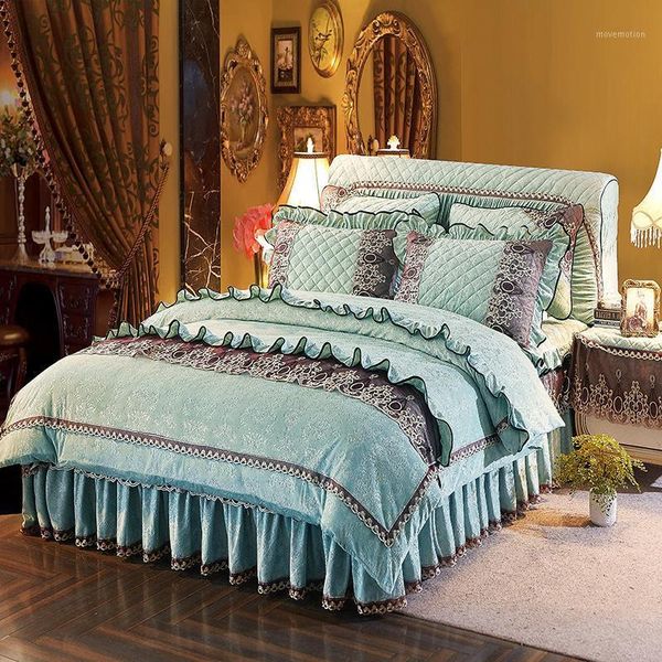 

pink blue thick fleece luxury princess korean bedding set  double size bed duvet cover bed skirt set couvre lit de luxe1