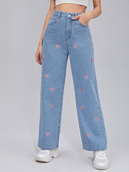 

zipper fly embroidery heart wide leg jeans p2d2#, Blue