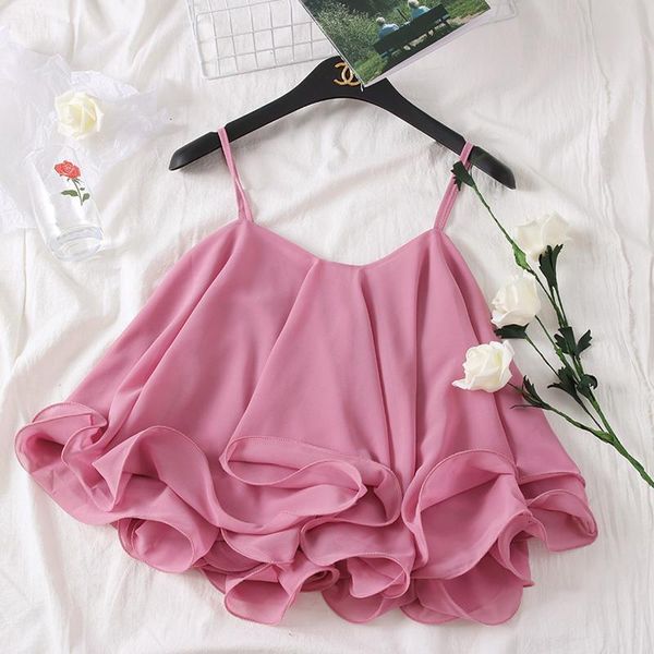 

cold shoulder chiffon blouse ruffle cami tank backless sleeveless shirt women blusas mujer de moda 2020 korean new, White