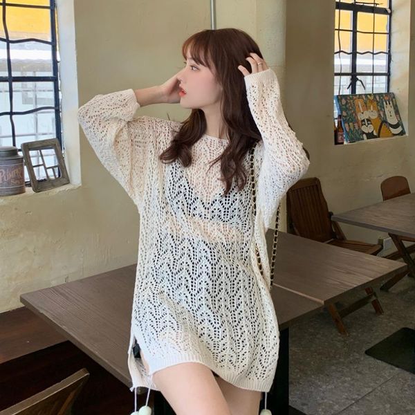 

werueruyu cutout knit trumpet sleeve beach women hollow out ladies blouse sun protection clothing, White