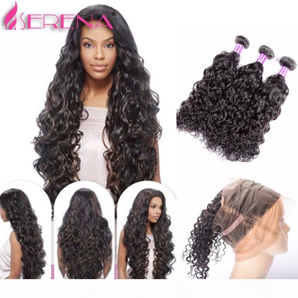 

360 lace frontal with bundles brazilian virgin hair water wave with closure wet and wavy human hair 360 frontal with bundles, Black;brown