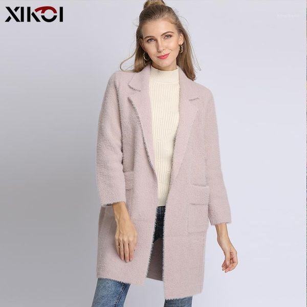 

xikoi pink coat women winter warm long sleeve turn-down collar outwear jacket soft casual autumn elegant plus overcoat women new1, Black