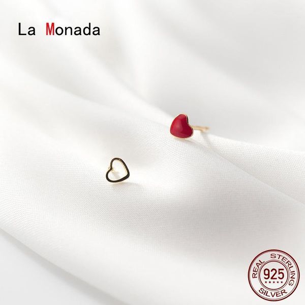 

la monada asymmetrical stud earrings for women silver 925 red heart fine women earrings jewelry stud 925 silver1, Golden;silver