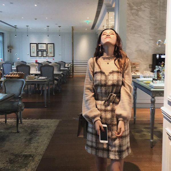 

mishow autumn winter vintage dress for women 2021 slim fit with belt plaid lantern sleeve temperament lady short dress mx18d1495, Black;gray