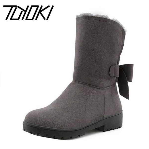 

tuyoki women warm snow boots winter fashion bowknot plush fur shoes woman round toe square heels mid calf boots size 33-43, Black