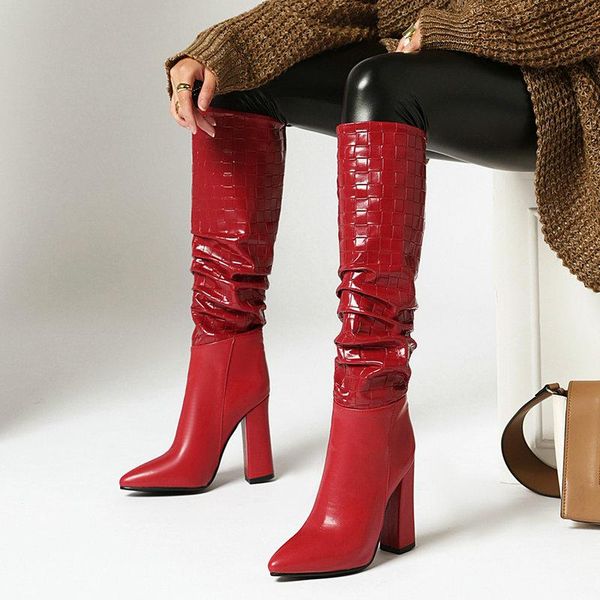 

autumn winter women fashion knee high boots pu leather pleated square heel long boots ladies pointed toe slip on woman, Black