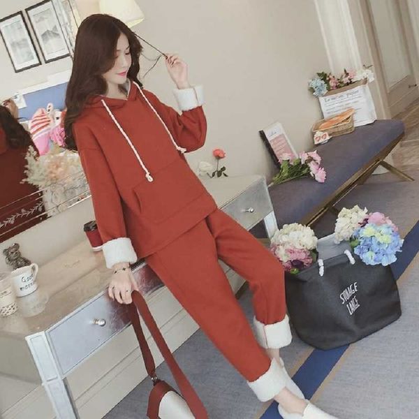 

2021 new women's trousers fashion fall/winter korean style pullover sweater with hoodie plus velvet thick ensemble of two pieces mbdl, White