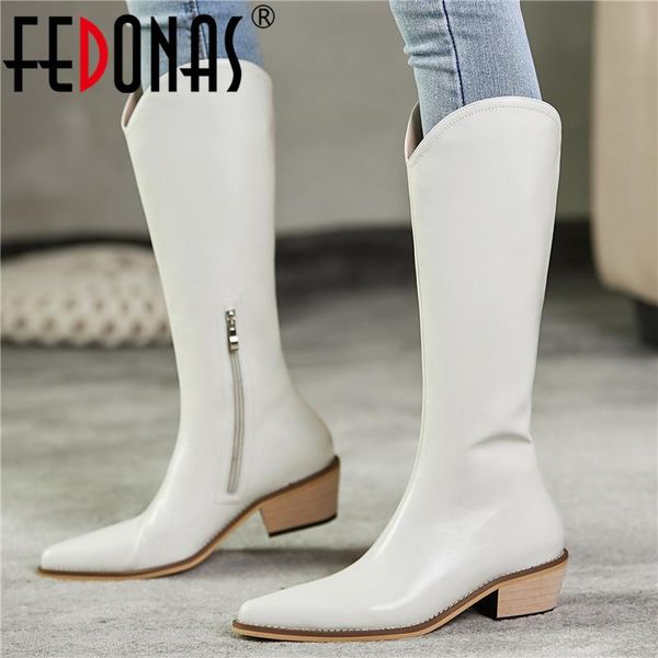 

boots fedonas genuine leather winter women knee high long side zipper heels for girls party wedding shoes woman, Black