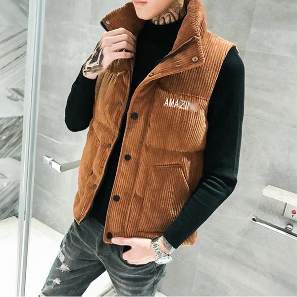 

men's vests cotton vest winter armor korean corduroy stand-up collar sleeveless jacket male high-quality slim youth thick, Black;white