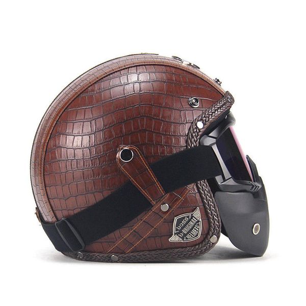 

leather brown motorcycle pu helmets 3/4 open helmet + goggle mask vintage style xl