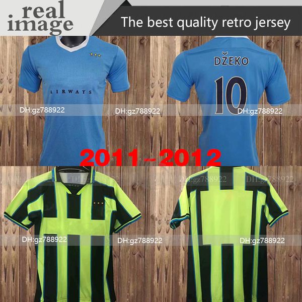 

98 1999 retro mens 3rd fluorescent green soccer jersey kun aguero silva tevez toure dzeko de jong kompany home blue football shirt uniforms, Black;yellow