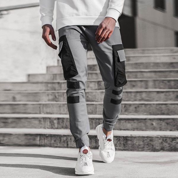 

men casual joggers pants solid thin cargo sweatpants male multi-pocket trousers new mens sportswear hip hop harem pencil pants, Black