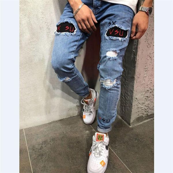 

men's jeans 2021 spring men fashion elastic skinny hole ripped pants bodycon stretch denim long trousers pencil clothes, Blue