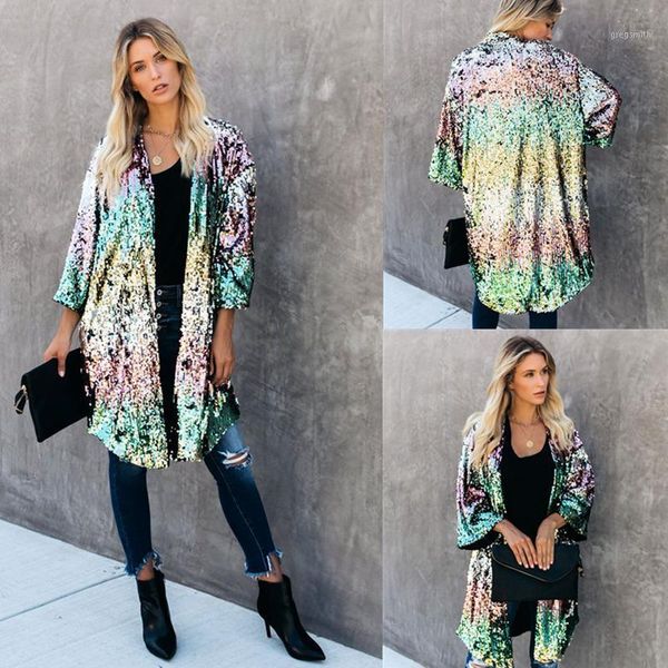 

women's casual trumpet sleeve sequin cardigan jacket1, Black;brown