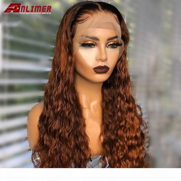 

ombre dark brown water wave middle part lace wig colored 1b 30 human hair wigs wet and wave glueless 13x6x1 lace front wigs, Black;brown