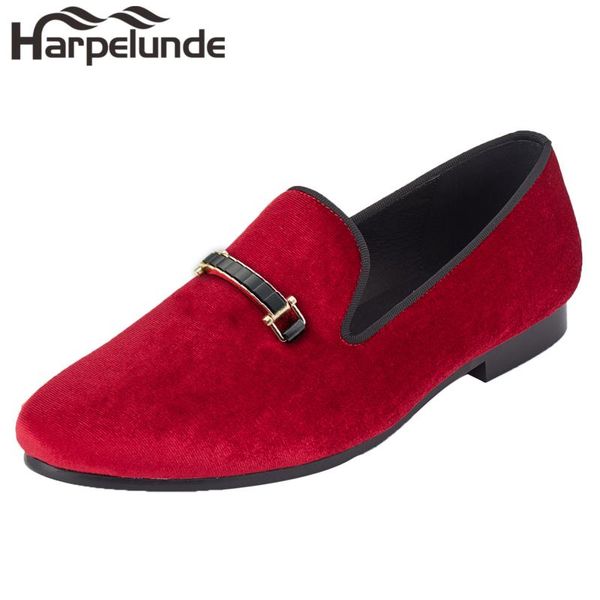 

harpelunde men event flat shoes red velvet buckle loafers, Black