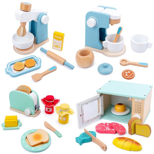 Bambini in legno Pretend Play Imposta Simulazione Tostapane Macchina per il pane Macchina da caffè Frullatore Kit da forno Gioco Mixer Set da cucina Giocattolo di ruolo LJ201009