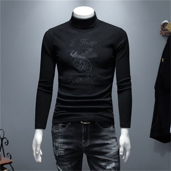 

winter men's plus velvet thick warm high collar bottoming shirt tide brand large size popular long-sleeved t-shirt embroidery men, White;black