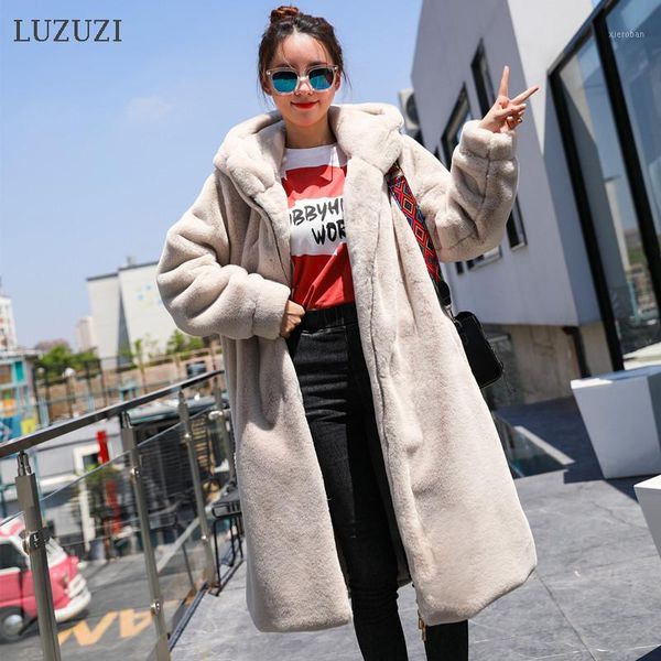 

luzuzi winter new korean style hooded super long imitation fur coat women thickening fur loose plush coat female 20191, Black