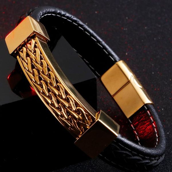 

tennis wrap leather bracelet for men boys braided cuff bracelets wristhband never fade golden stainless steel jewellery gifts him, Golden;silver