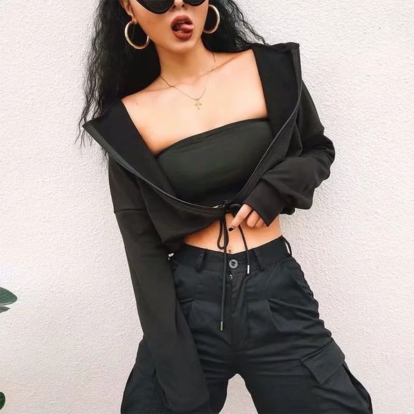 

нового drawcord коллекция талии короткие спортивные женских покрытия молнии hoodie jacket в платье hoodie платья осени 2019 женщин kvv2e, Black