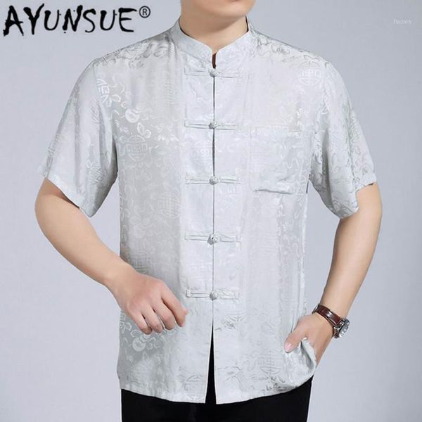 

ayuansue summer chinese style 100% silk shirt for men short-sleeved shirts for men printing shirt stand-up collar 3019 pwx031, White;black