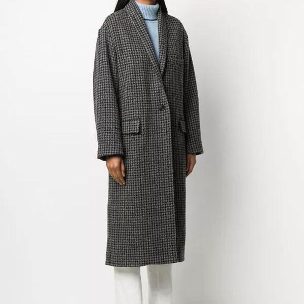 

classic plaid women wool coat long sleeve single button casual wild lady long coat autumn winter new1, Black