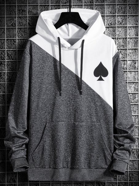 

men playing card print colorblock kangaroo pocket drawstring hoodie s0r5#, Black