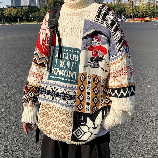 

2021 new men's warm turtleneck sweater pullover streetwear hip hop casual long sleeve turtleneck knitwear sweater men's 1, White;black