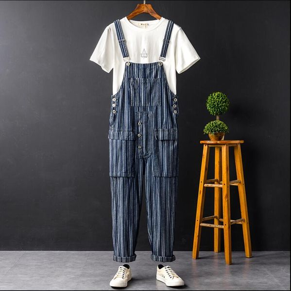 

2020 s-xxl fashion japanese bib pants striped overalls big pocket coveralls denim male hairstylist 680t, White;black