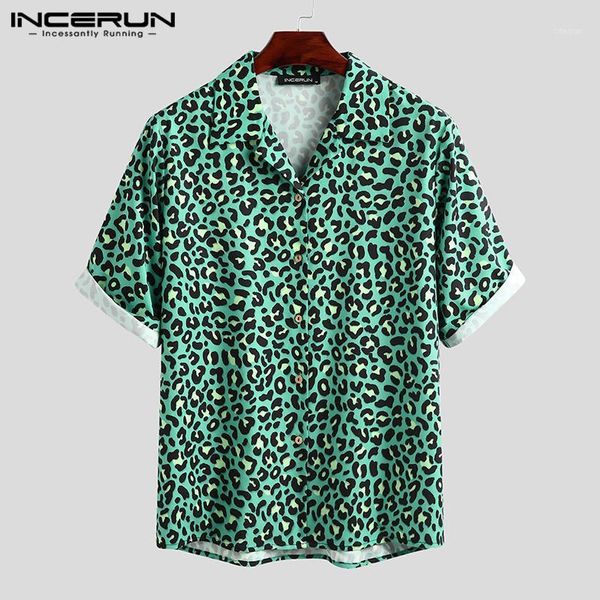 

incerun summer men hawaiian shirt streetwear leopard printed short sleeve blouse lapel casual vacation 2020 camisa men clothing1, White;black