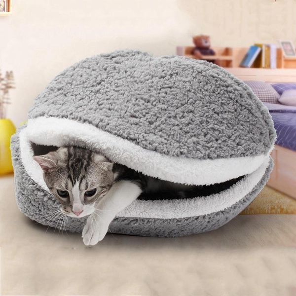 

pet plush cat and dog nest for winter hamburger shell shaped windproof house hideout can be open or closed pet supplies