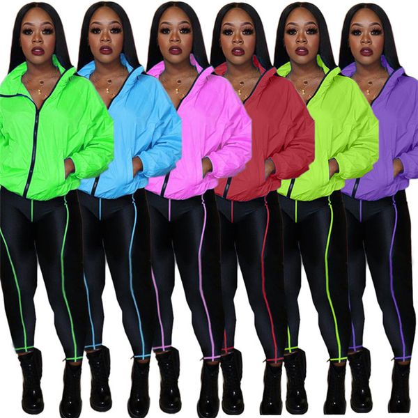 Mode Frauen Sport Kleidung Sets Fluoreszierende Farbe Trainingsanzüge Langarm Zipper Jacke Mäntel Hosen Zwei Stück Outfits Jogger Anzug F110602