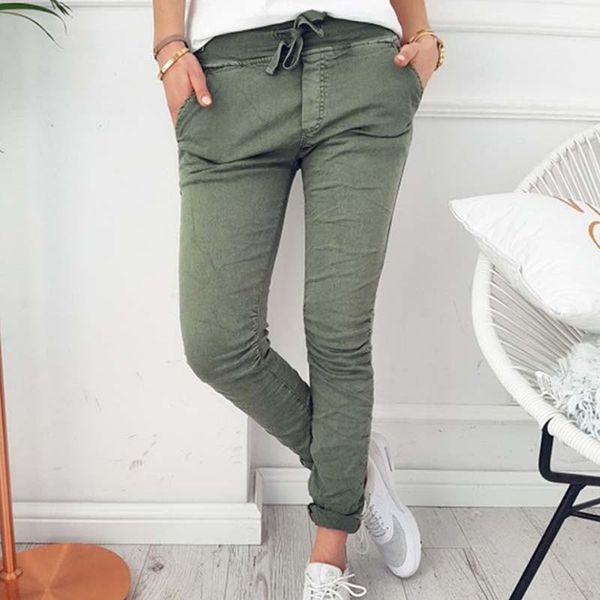 

2021 fashion spring autumn skinny women pencil pants pocket elastic waist drawstring trousers casual women pants ankle length, Black;white