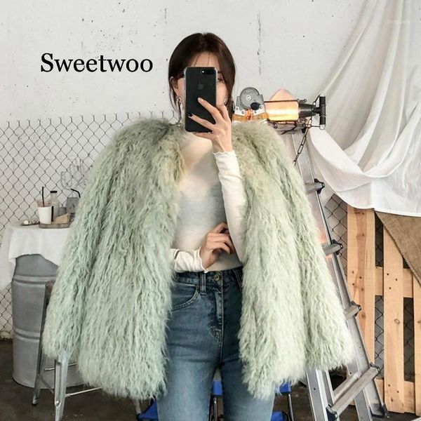 

2020 new furry fur coat women fluffy warm long sleeve female outerwear autumn winter coat jacket collarless overcoat green white1, Black