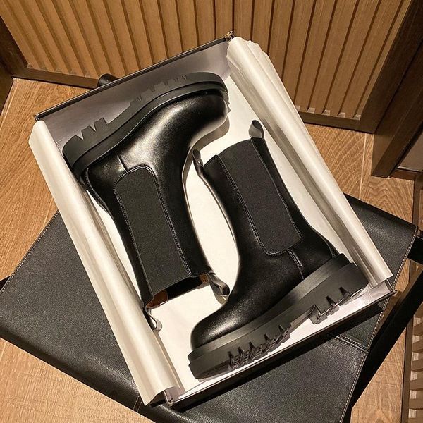 

2020 women rubber boots genuine leather platform shoes women's autumn boots mid calf female, Black